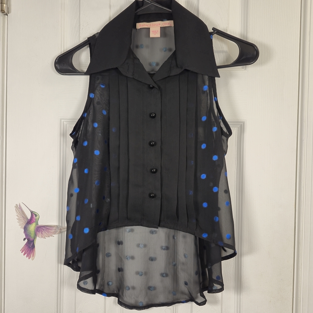 ​Rebellious One Whimsigoth Sheer High Low Blouse Blue Metallic Polka Dot Size S